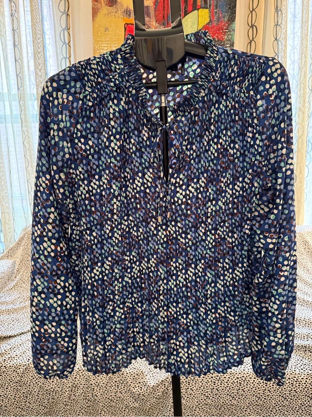 DKNY Navy Blue Multi-Dot Long Sleeve Blouse